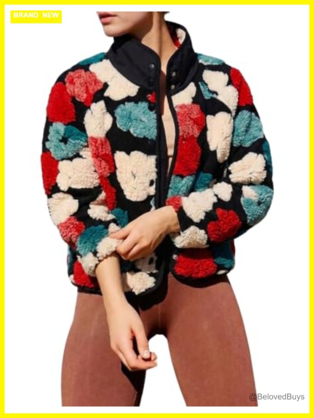 Floral Fleece Jacket Warm Button Down Sherpa Coat Fall Layering
